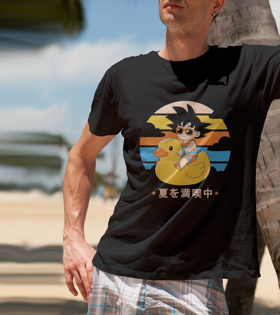 Young Goku Riding Rubber Duck At Sunset Enjoying Summer T-Shirt