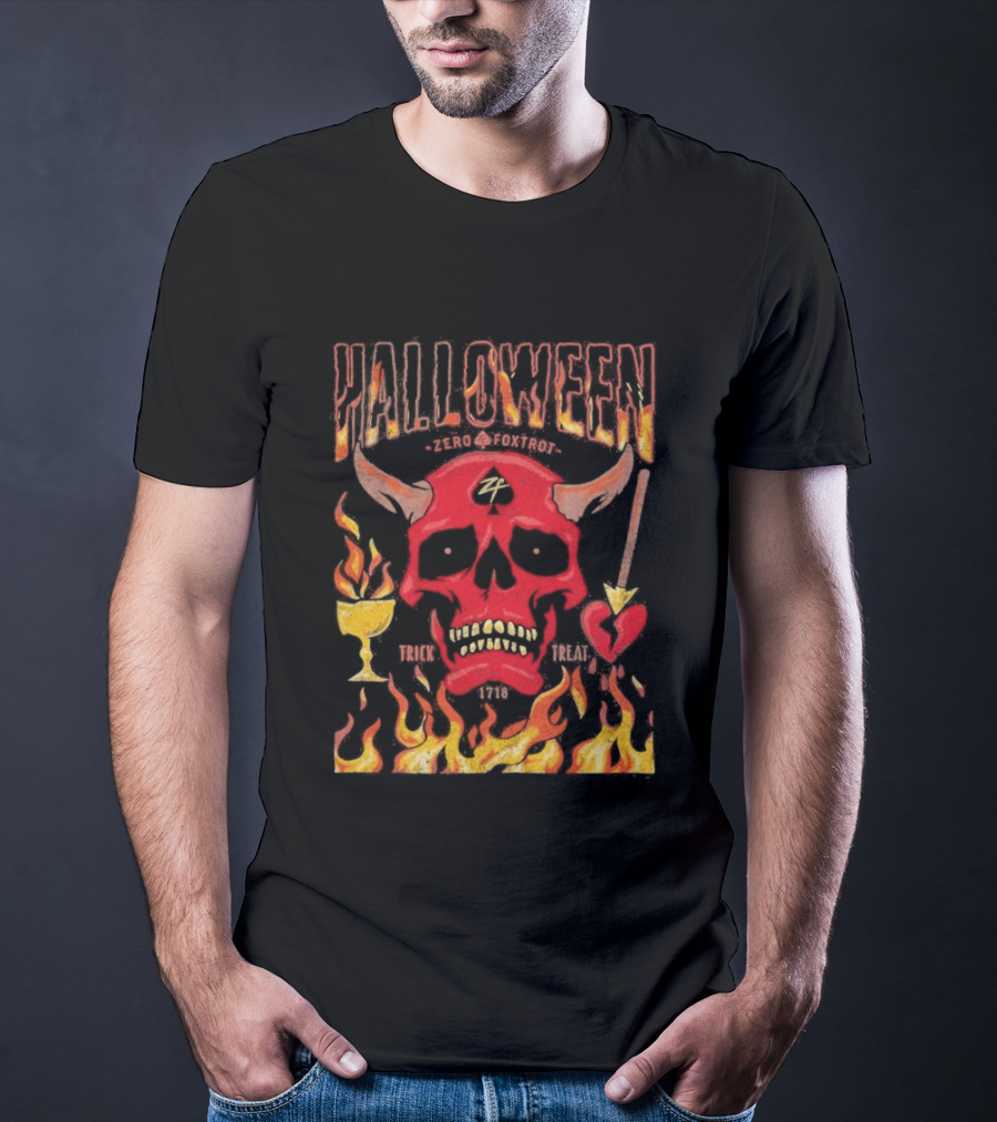 Zero Foxtrot Halloween No Quarter Flaming Demon Skull T-Shirt