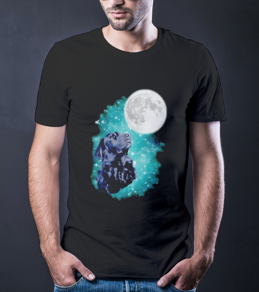 Black Dog Under Moon In Galaxy Space T-Shirt