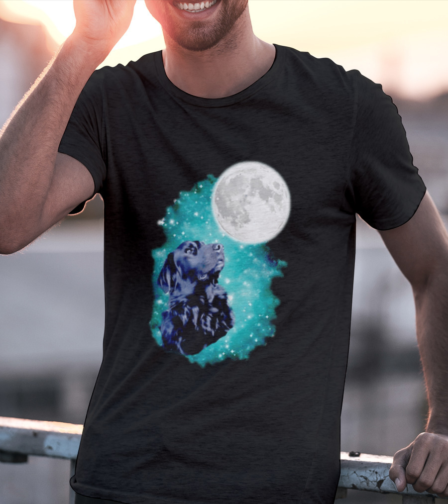 Black Dog Under Moon In Galaxy Space T-Shirt