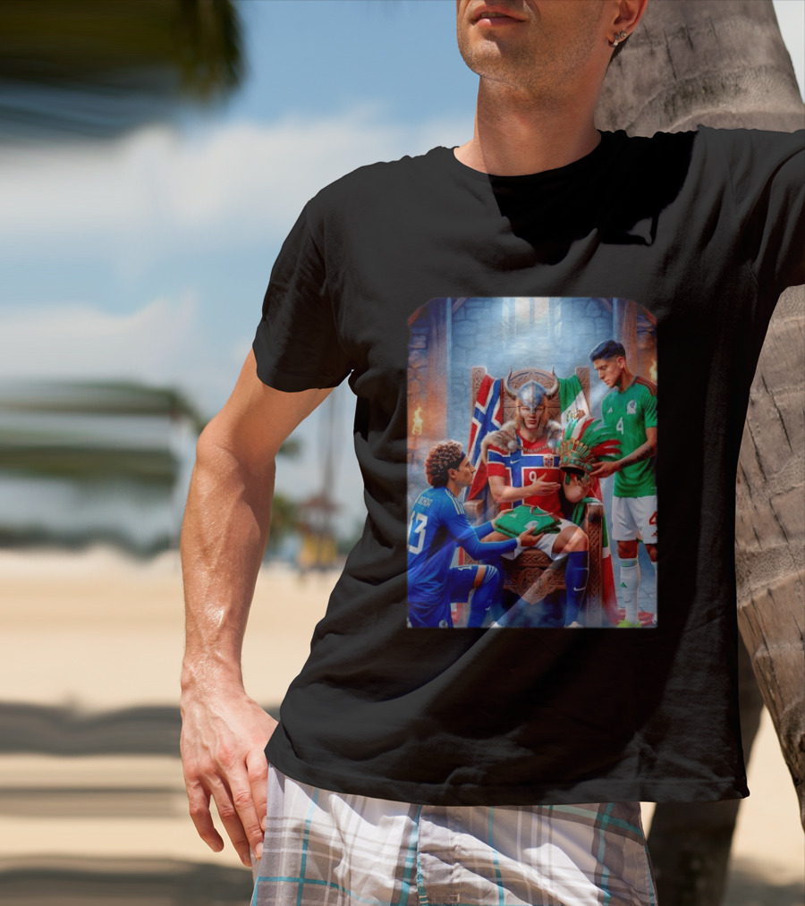 Guillermo Ochoa And Johan Vasquez Offering Mexico Jersey To Viking Erling Haaland With Norway Flag In Throne Room T-Shirt