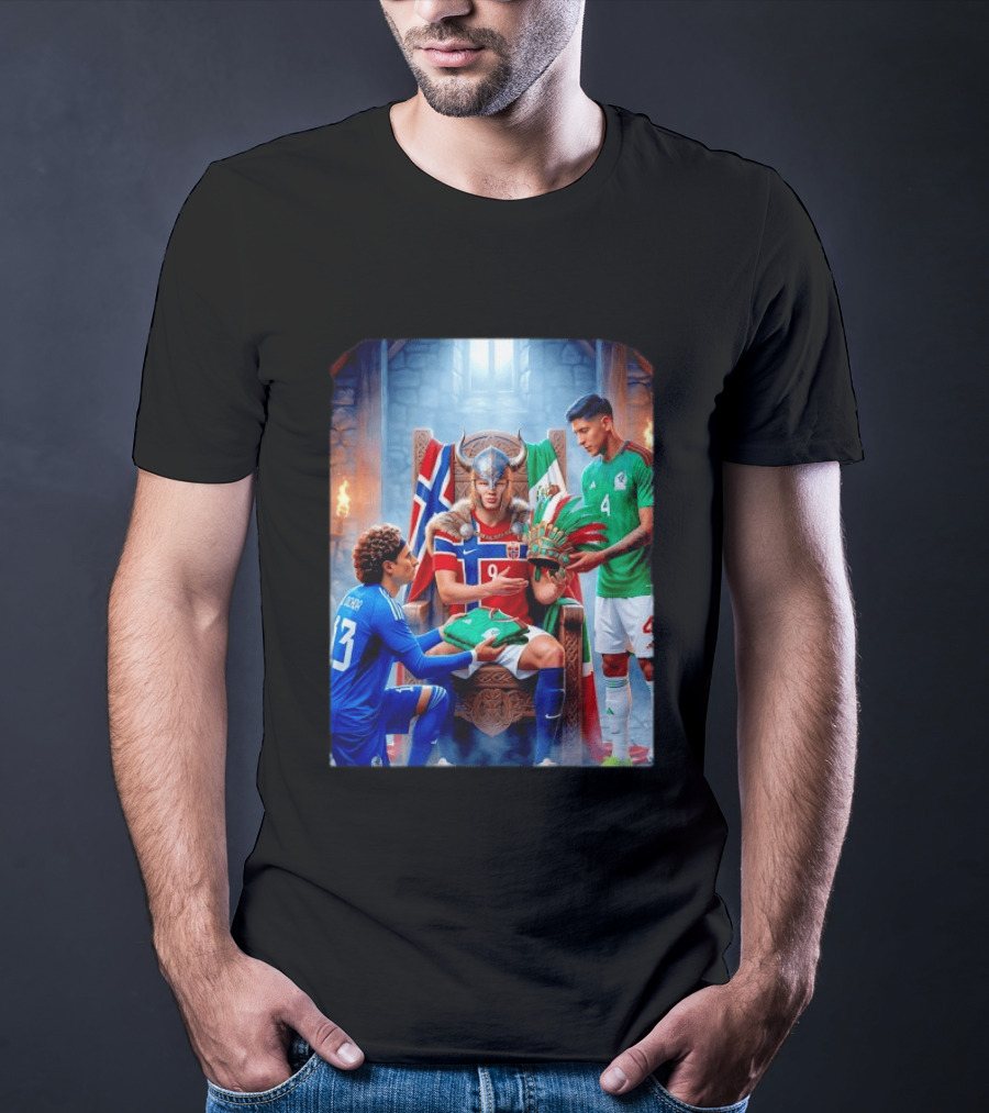 Guillermo Ochoa And Johan Vasquez Offering Mexico Jersey To Viking Erling Haaland With Norway Flag In Throne Room T-Shirt