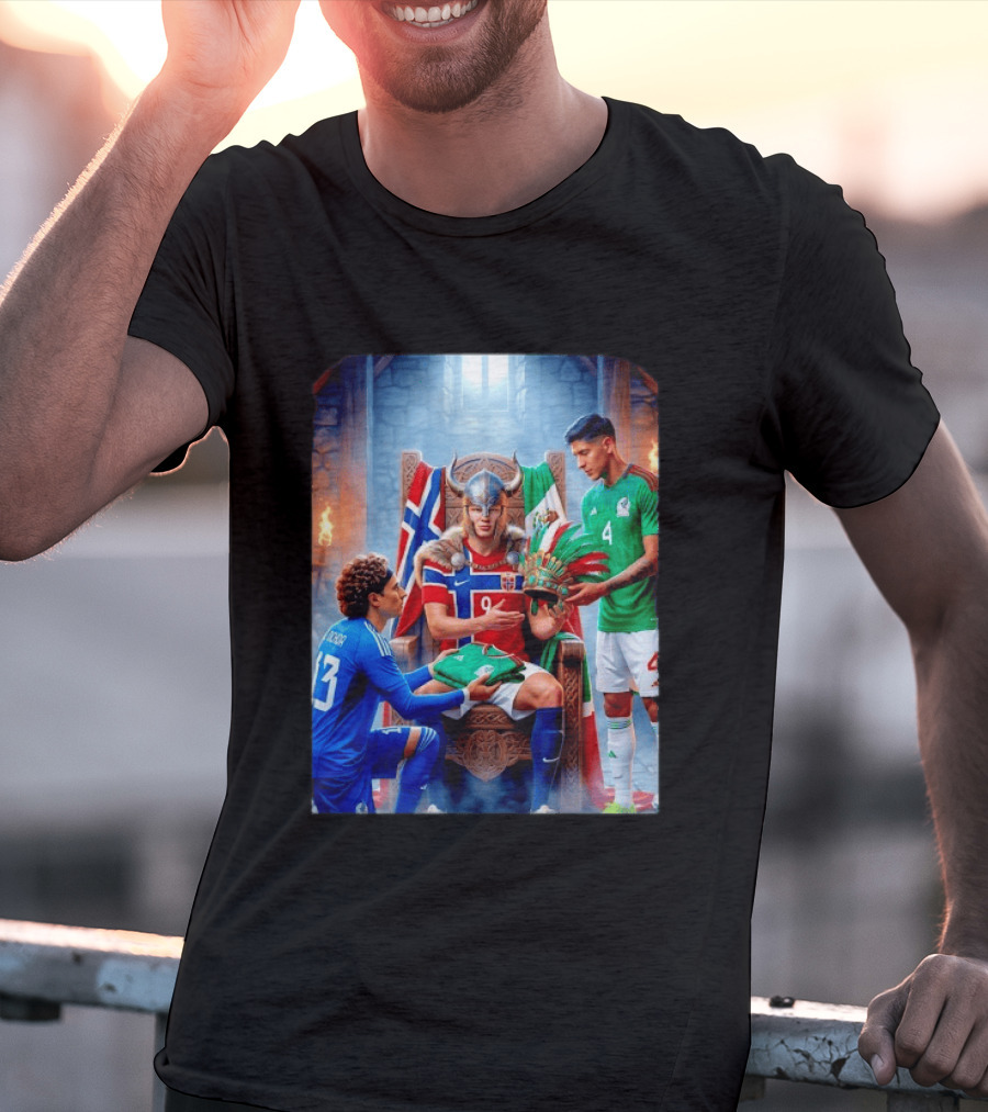 Guillermo Ochoa And Johan Vasquez Offering Mexico Jersey To Viking Erling Haaland With Norway Flag In Throne Room T-Shirt