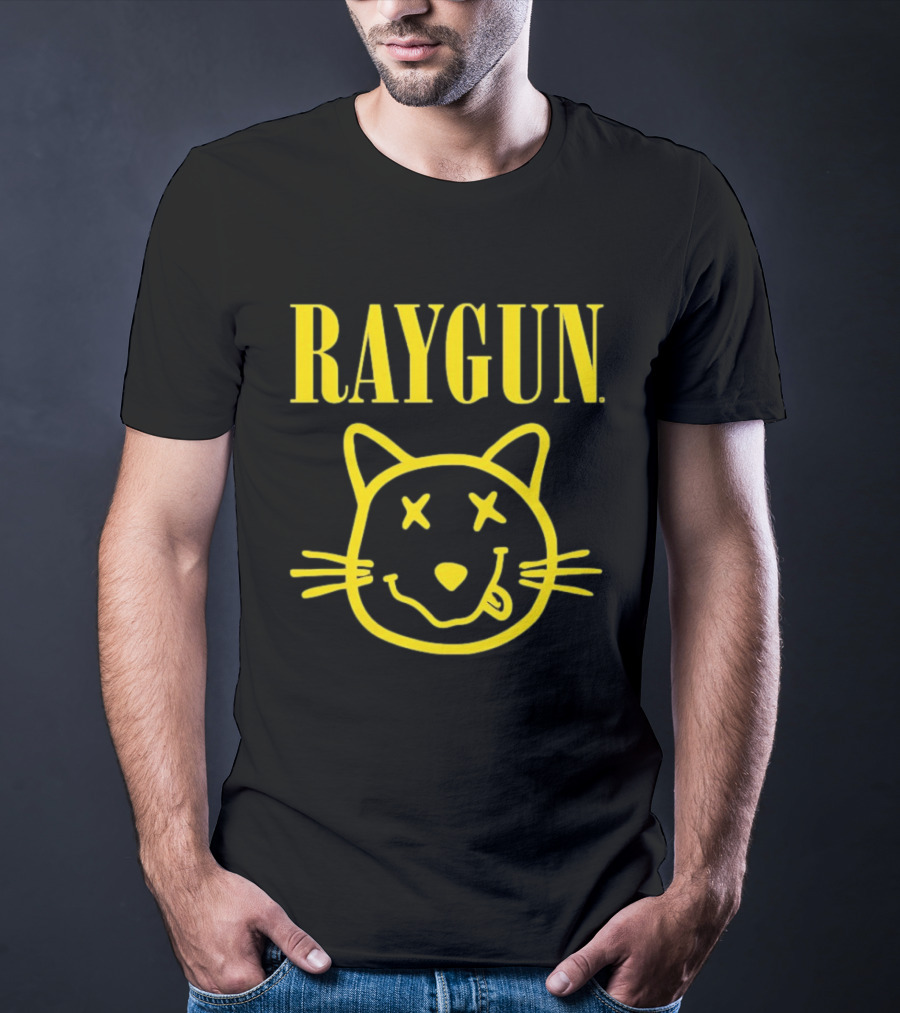 Raygun Smiley Cat Face Neon Yellow Quirky Expression T-Shirt
