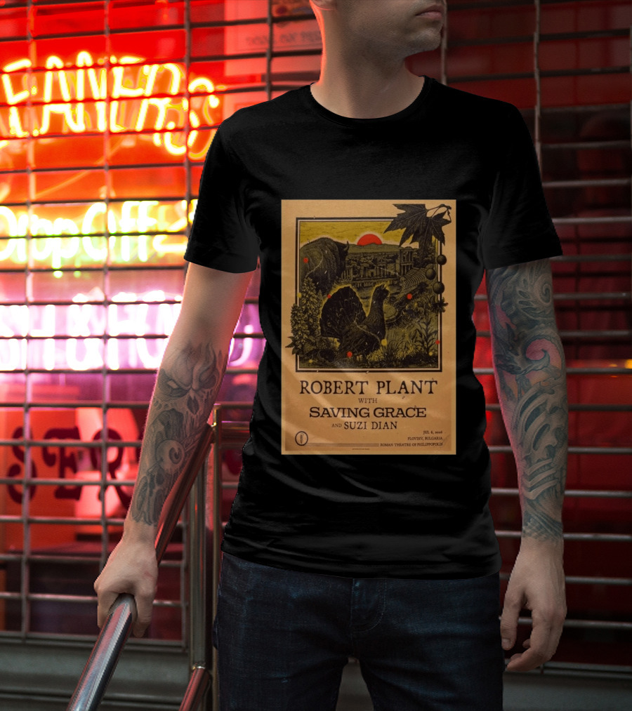 Robert Plant With Saving Grace Suzi Dian Plovdiv Bulgaria Roman Theatre 2026 T-Shirt