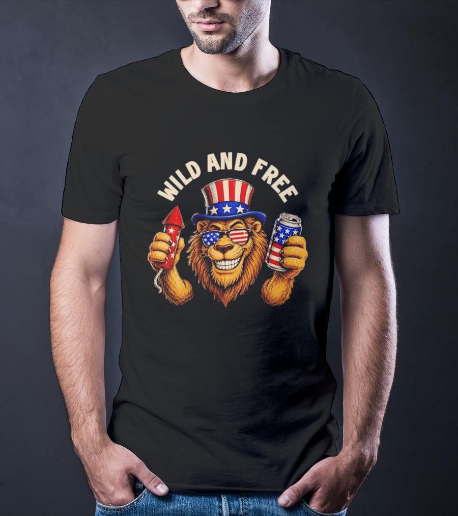 Wild And Free Lion Patriotic Hat Holding Firework And American Flag Can T-Shirt