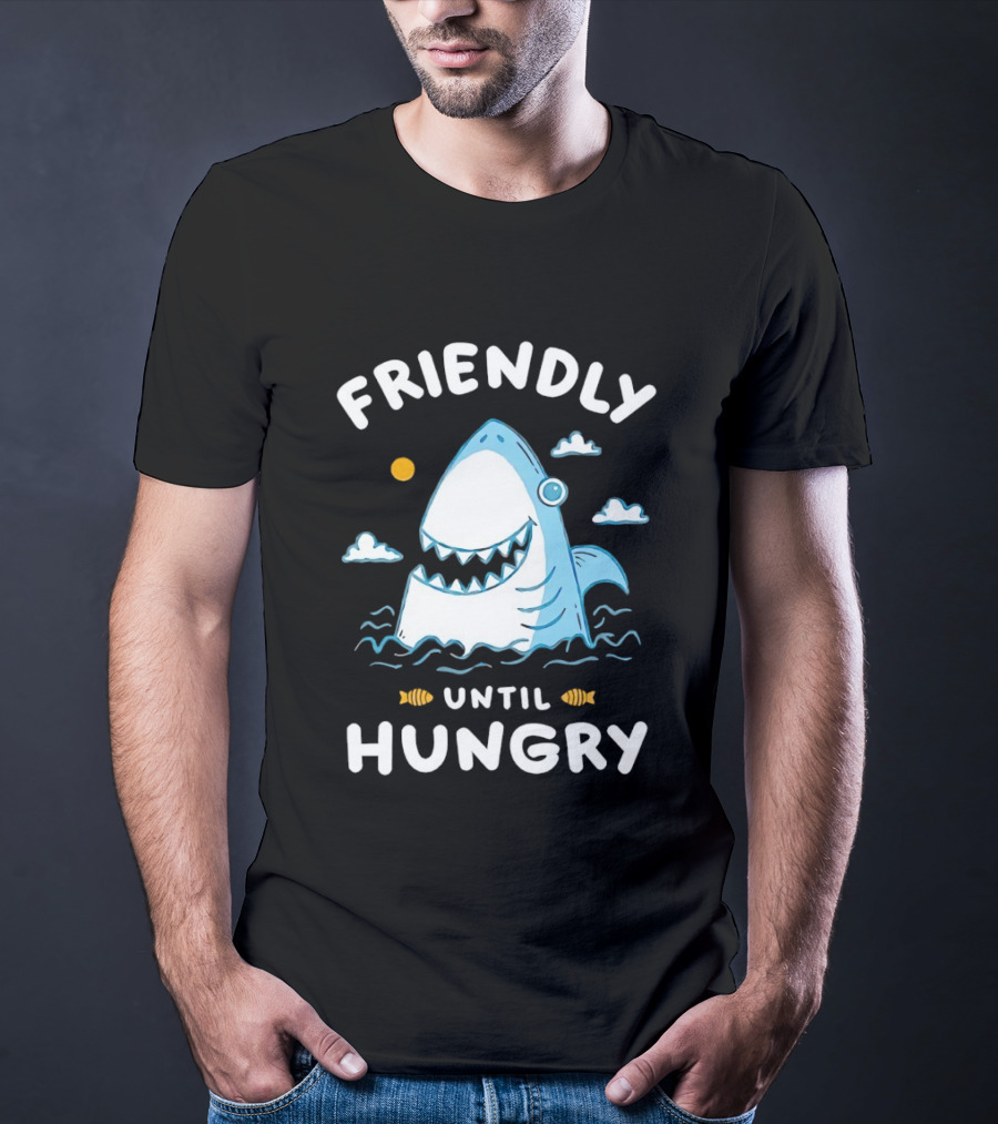 Friendly Shark Grinning Until Hungry Cloudy Ocean Scene T-Shirt