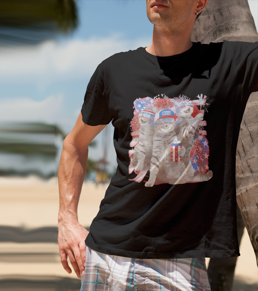 Mew's A Patriotic American Flag Cats Fireworks Party Animal Holiday USA T-Shirt