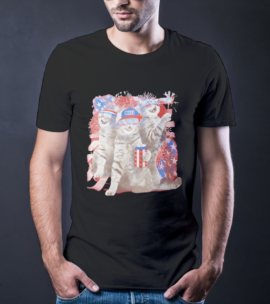 Mew's A Patriotic American Flag Cats Fireworks Party Animal Holiday USA T-Shirt