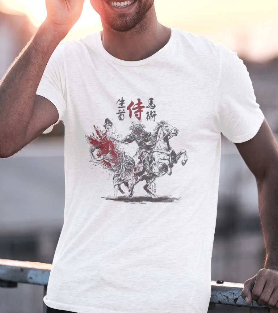 Zero Foxtrot Namakubi Bajutsu Samurai Riding Warrior With Red Kanji T-Shirt
