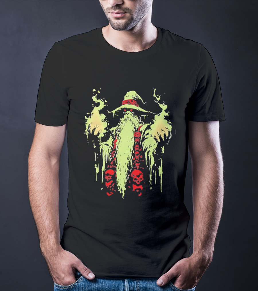 Necromancer Wizard With Glowing Green Fire And Red Skulls T-Shirt