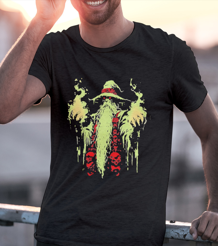 Necromancer Wizard With Glowing Green Fire And Red Skulls T-Shirt