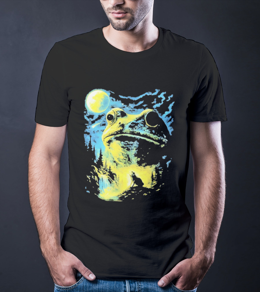 Howling Wolf Frog Moon Night Scene Surreal Fantasy T-Shirt