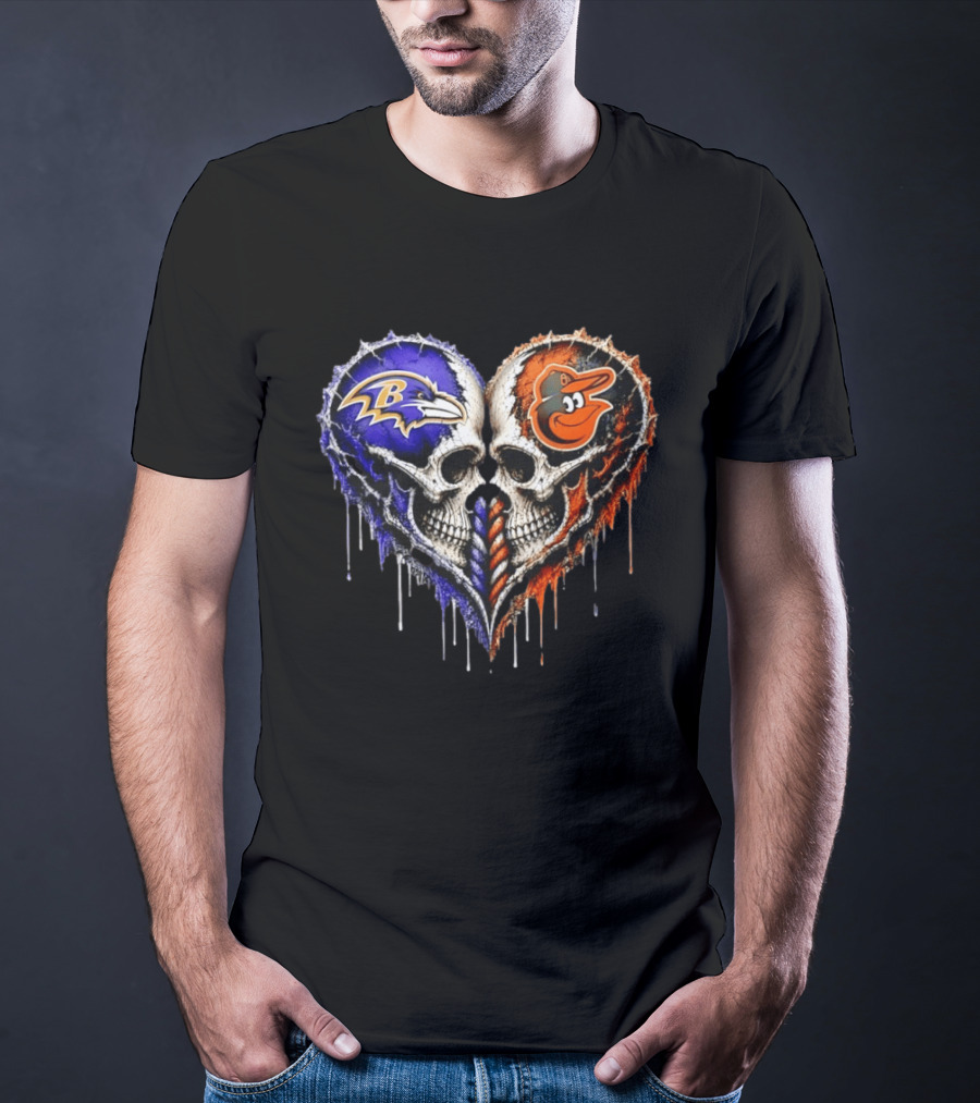 Baltimore Ravens And Baltimore Orioles Skull Heart T-Shirt
