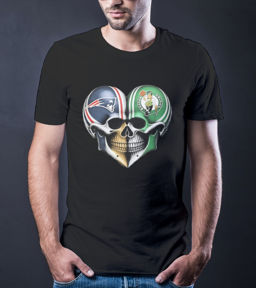 Boston Celtics And New England Patriots Skull Heart T-Shirt