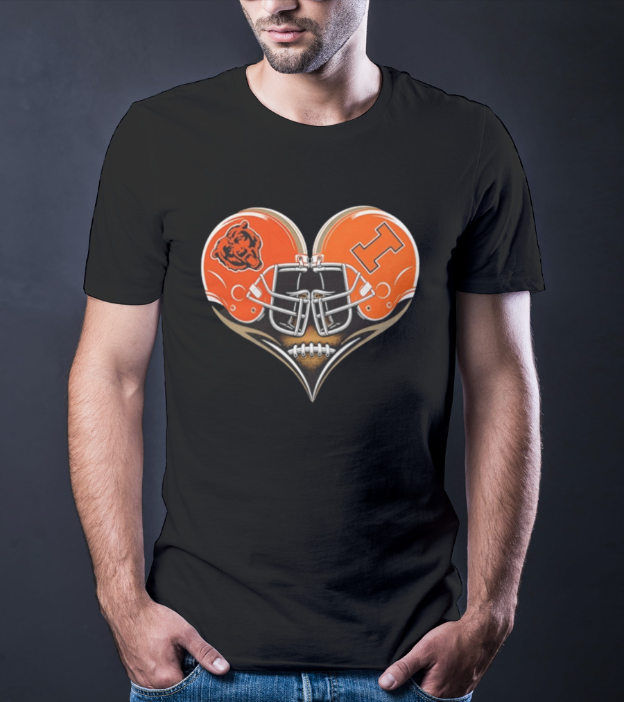 Chicago Bears And Illinois Fighting Illini Helmet Heart T-Shirt