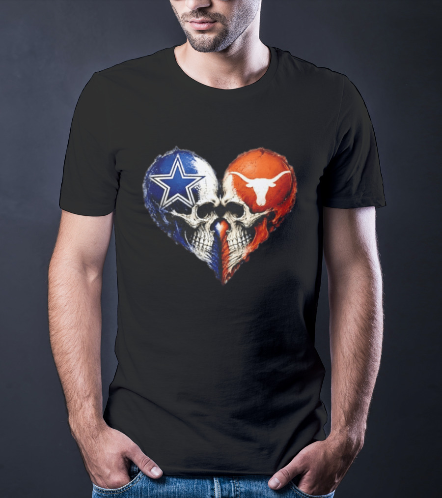 Dallas Cowboys And Texas Longhorns Skulls Heart T-Shirt