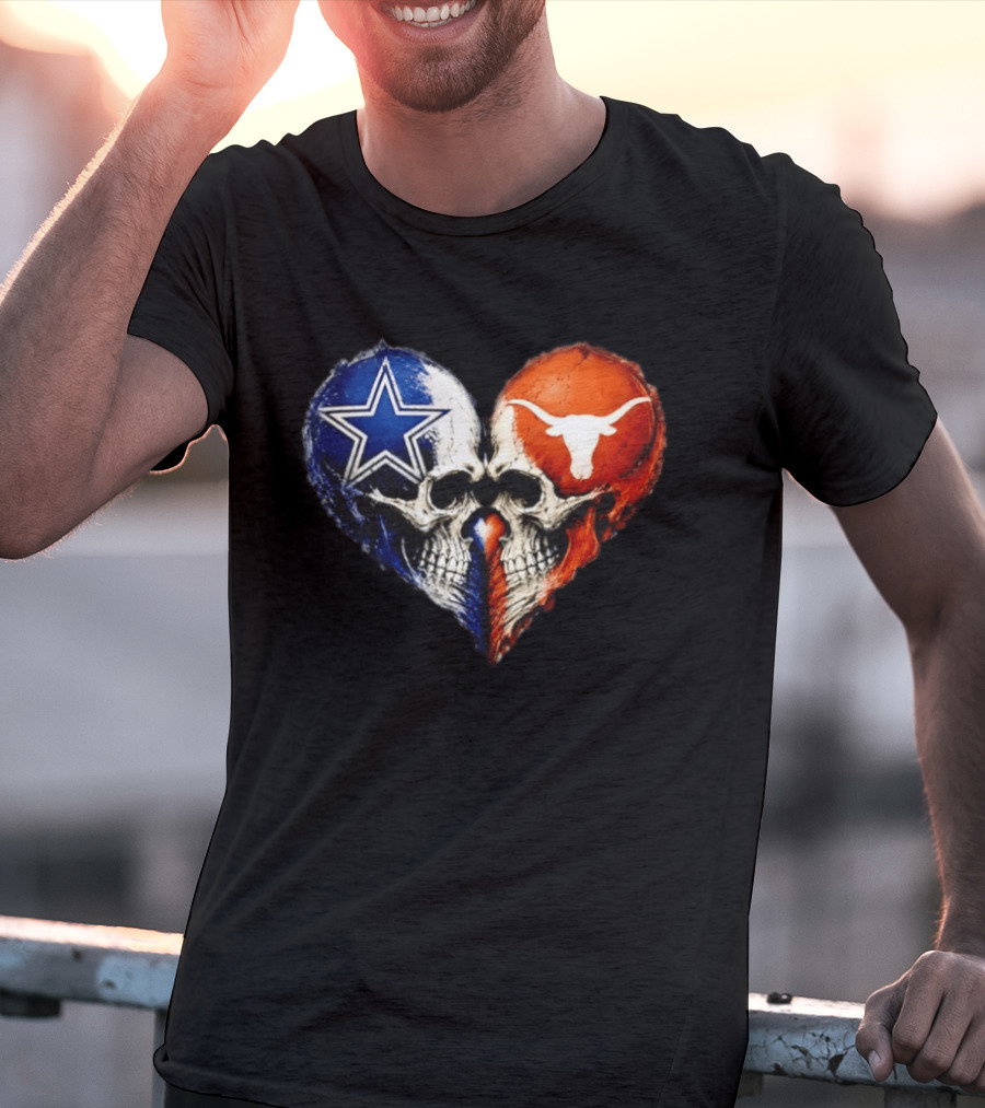 Dallas Cowboys And Texas Longhorns Skulls Heart T-Shirt