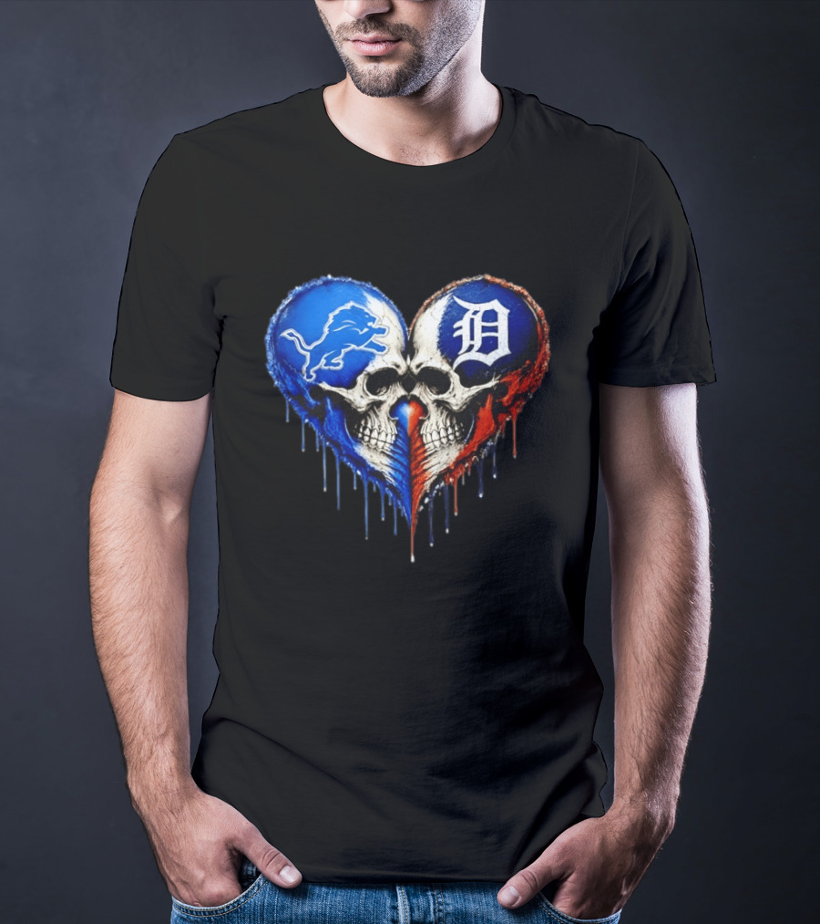 Detroit Lions And Detroit Tigers Skull Heart T-Shirt