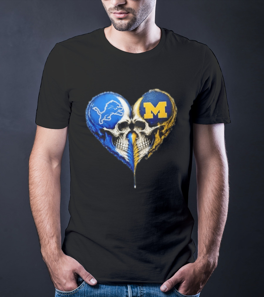 Detroit Lions And Michigan Wolverines Heart Skulls T-Shirt