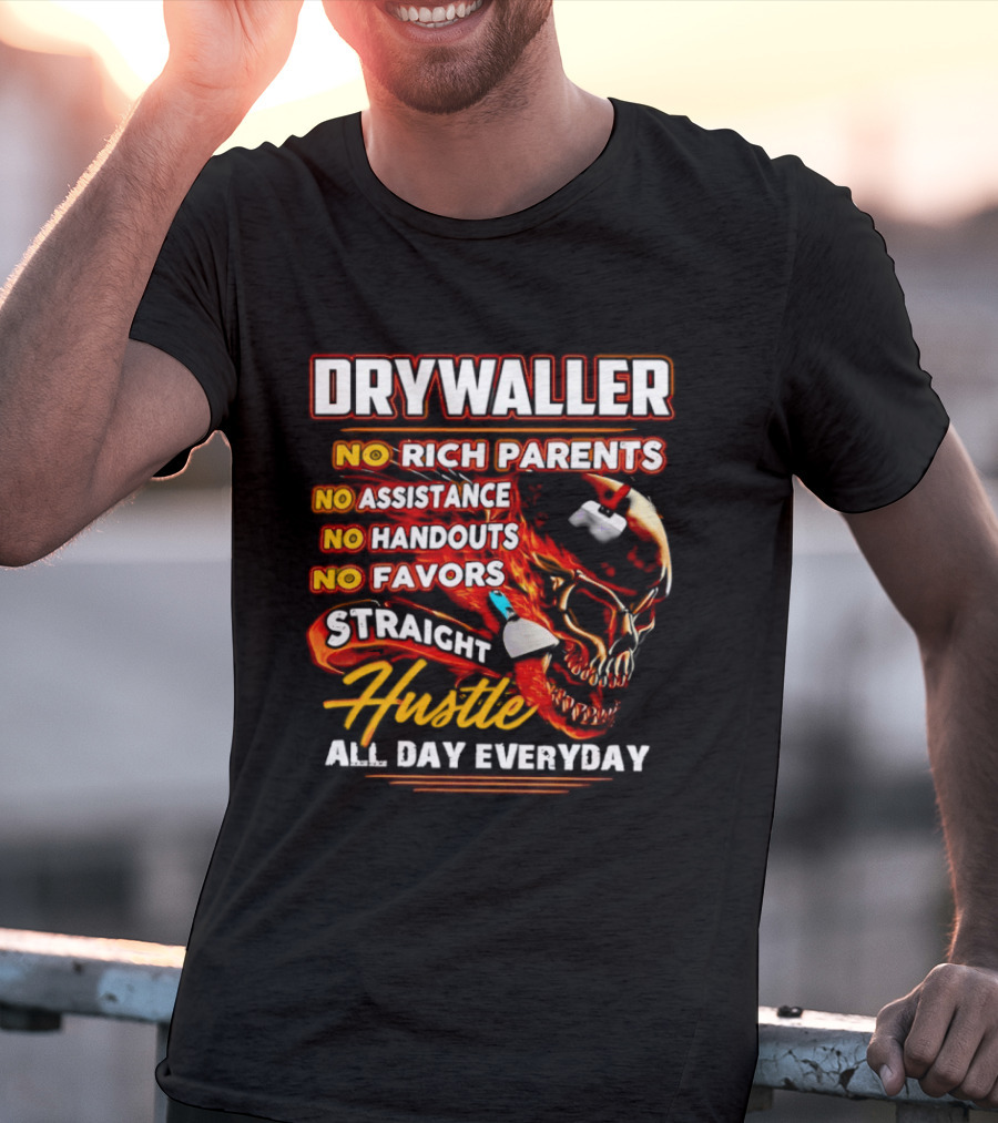 Drywaller Skull Holding Trowel Straight Hustle T-Shirt