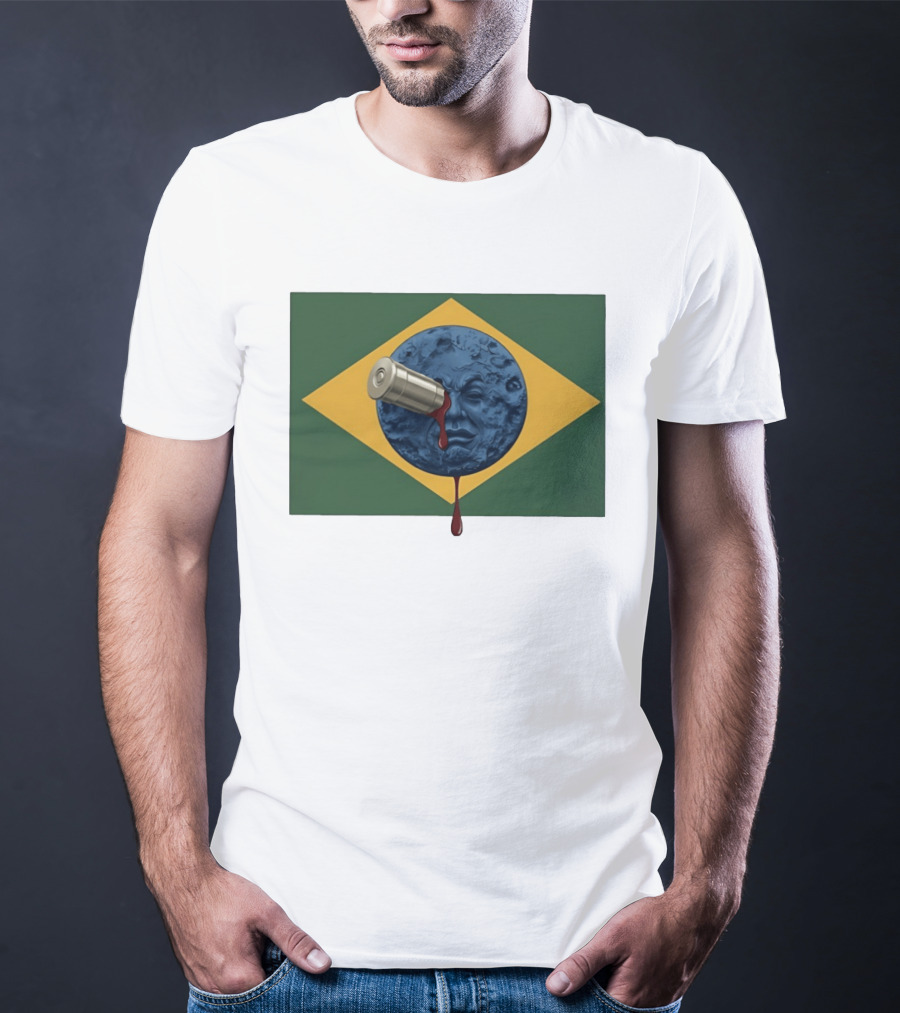 Brazil Flag Moon Face With Bullet And Bleeding Effect T-Shirt