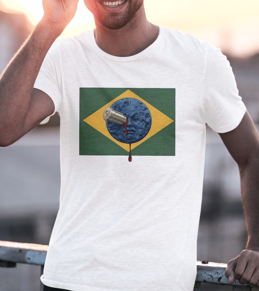 Brazil Flag Moon Face With Bullet And Bleeding Effect T-Shirt
