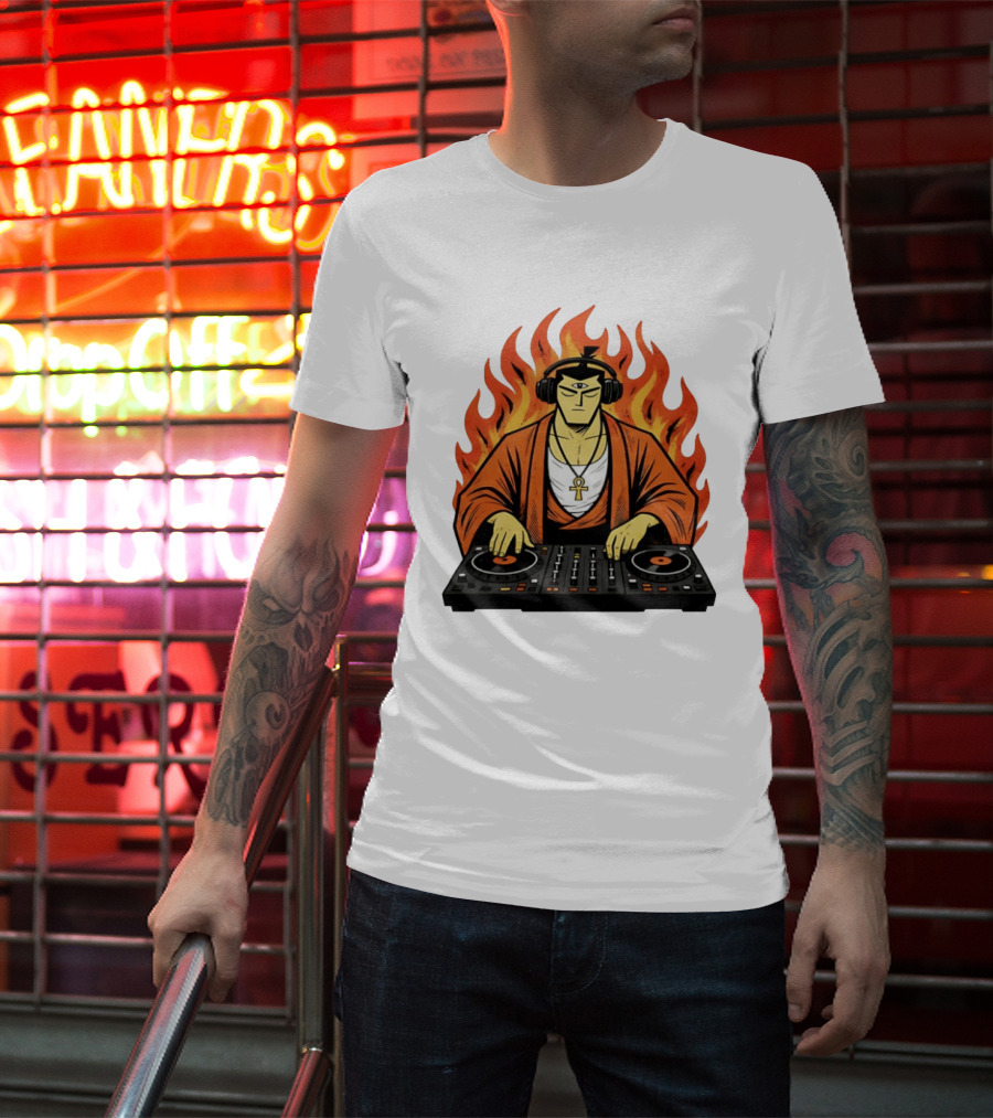 Samurai Jack DJing With Headphones Fire Music Mixer T-Shirt