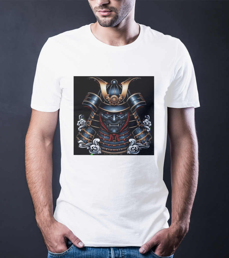Samurai Warrior Mask Helmet With Traditional Armor And Red Accents T-Shirt