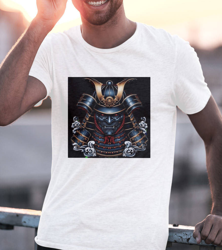 Samurai Warrior Mask Helmet With Traditional Armor And Red Accents T-Shirt