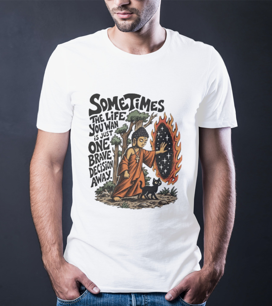 Sometimes The Life You Want Is Just One Brave Decision Away Buddha Cat Portal Forest T-Shirt