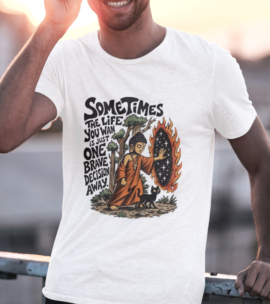 Sometimes The Life You Want Is Just One Brave Decision Away Buddha Cat Portal Forest T-Shirt