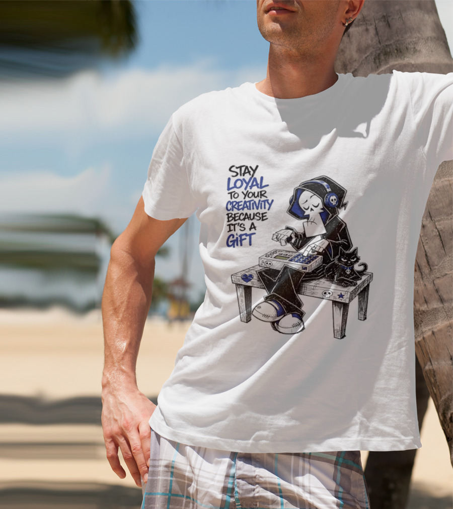 Stay Loyal To Your Creativity Grim Reaper Music Producer With Cat T-Shirt