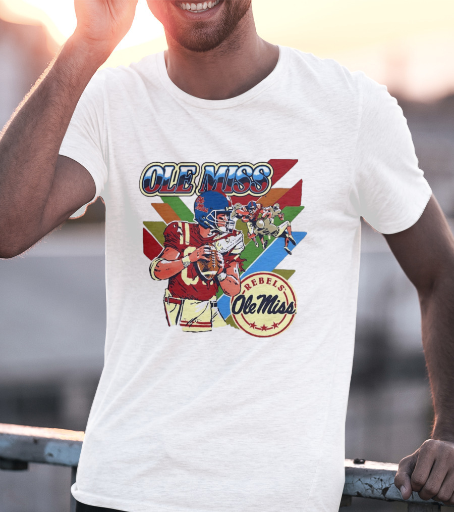 Ole Miss Rebels Football Player Action Retro Style Collaboration T-Shirt