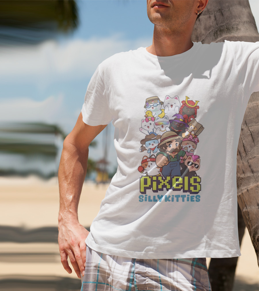 Pixels Silly Kitties Character Collage With Mustached Figure And Cute Cat Ensemble T-Shirt