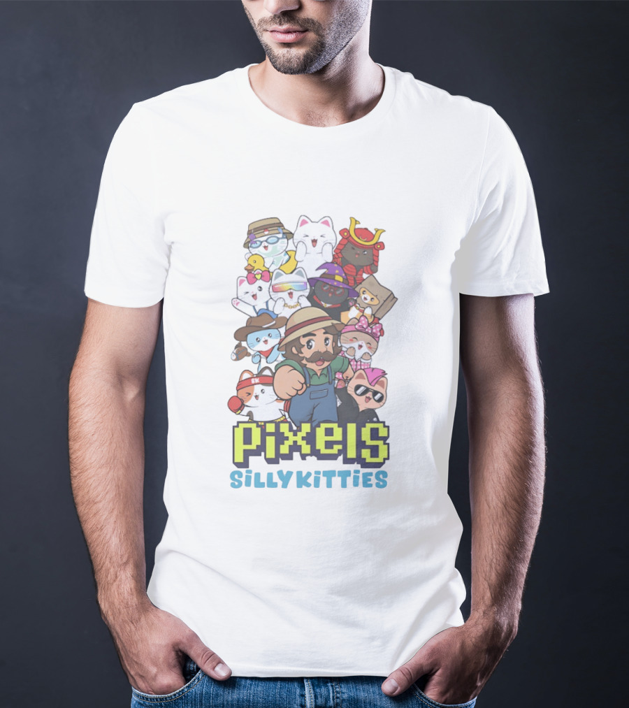 Pixels Silly Kitties Character Collage With Mustached Figure And Cute Cat Ensemble T-Shirt