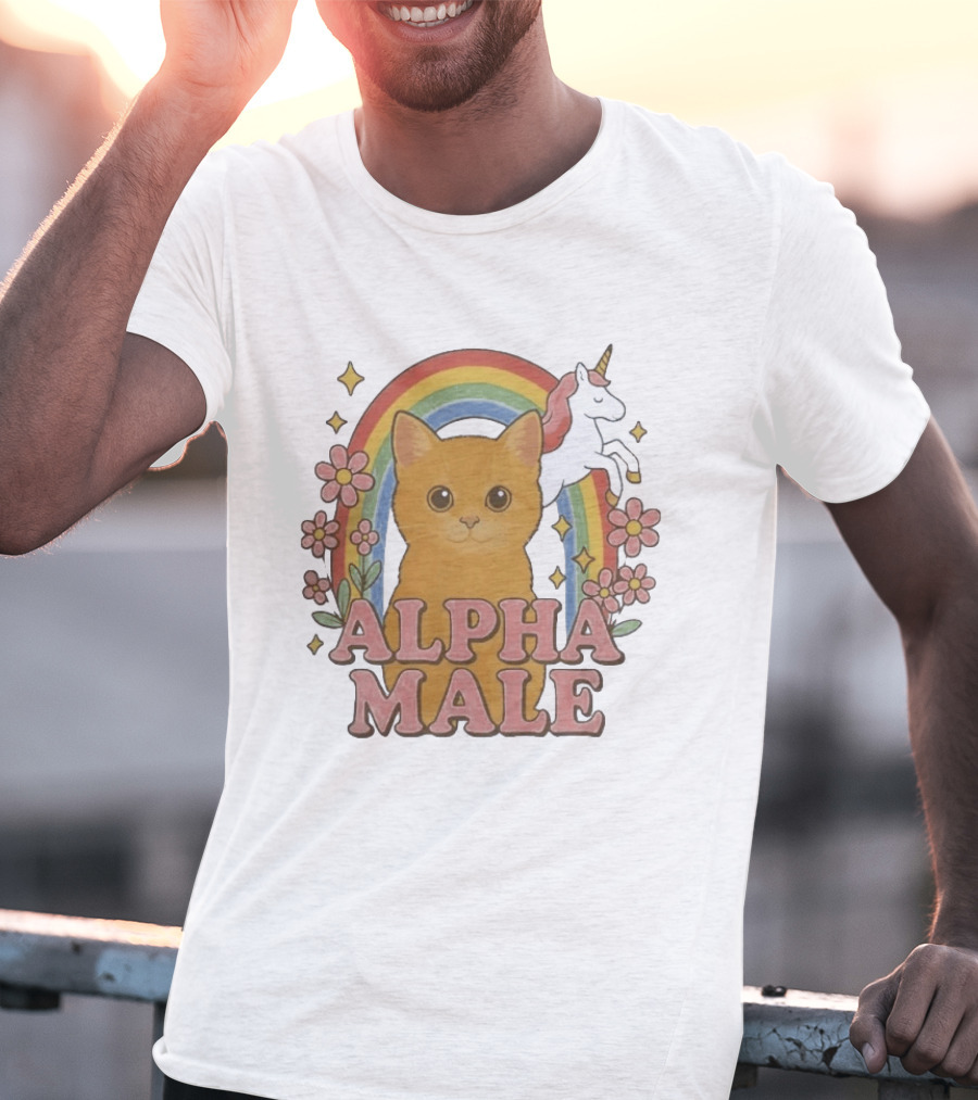 Alpha Male Cat With Unicorn Rainbow And Flowers T-Shirt