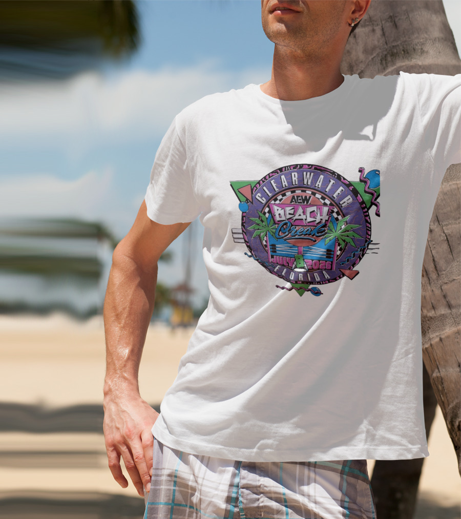 AEW Beach Break Clearwater Florida July 8 2026 Wrestling Event Tropical Palm Trees And Retro Waves T-Shirt