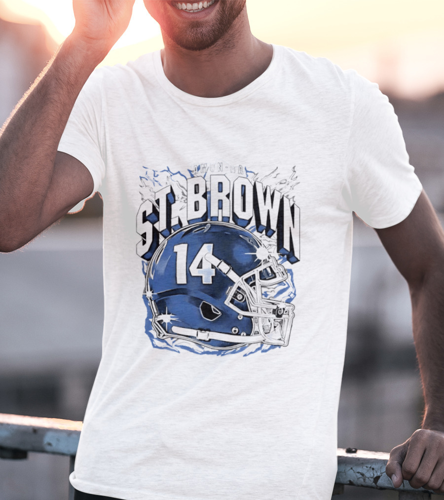 Amon Ra St. Brown 14 Helmet Detroit Lions T-Shirt