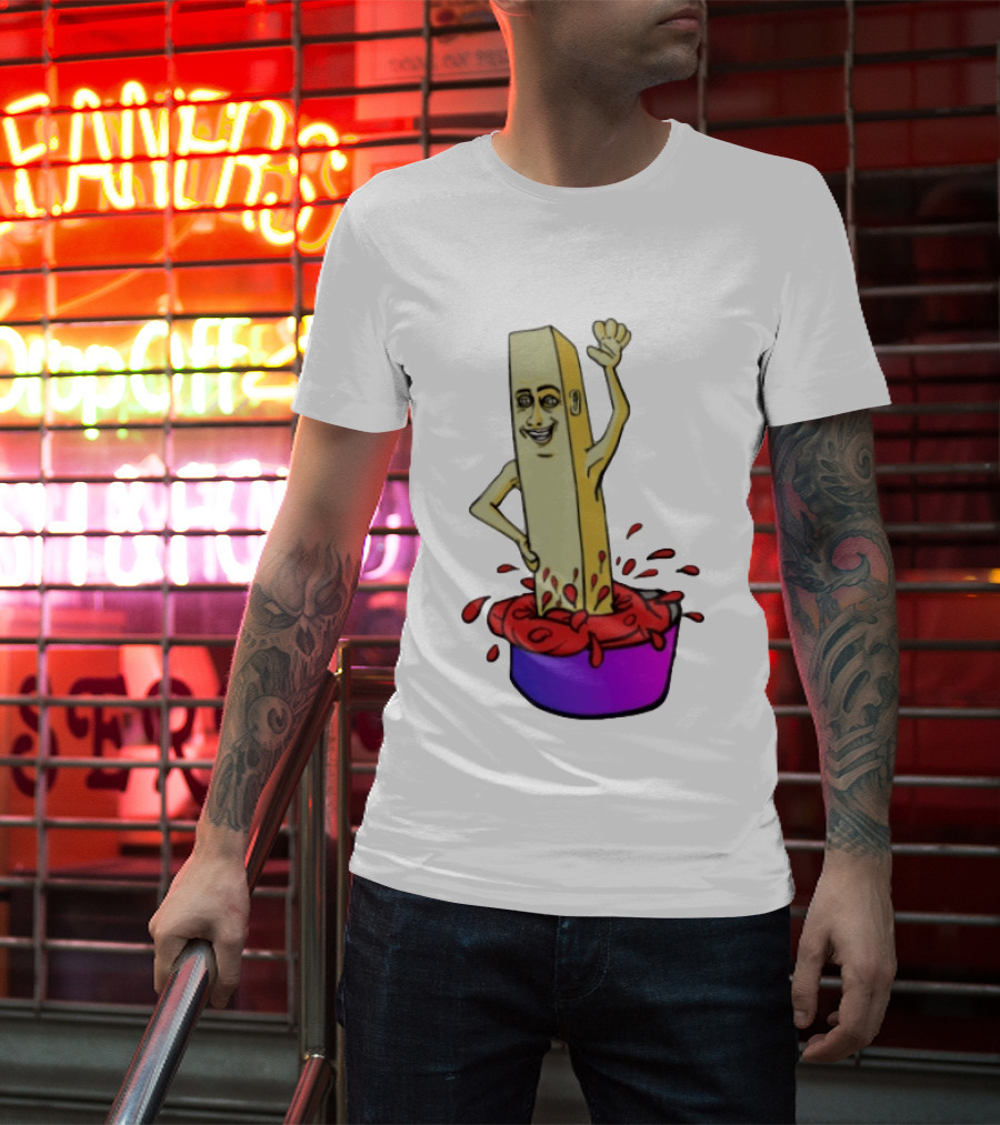 French Fry With Face Humorously Dipping In Ketchup Bowl T-Shirt