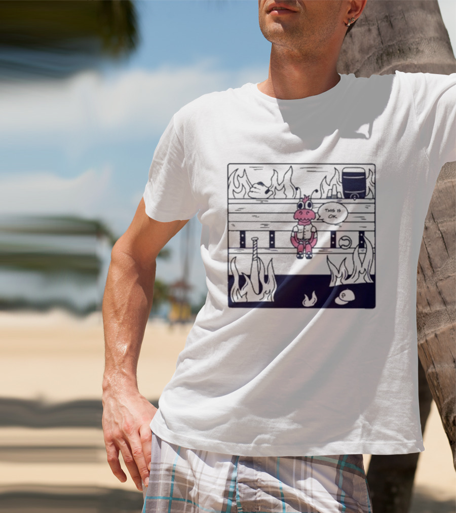 Jaxshrimp This Is Fine Fires Cartoon Cow Sitting Amidst Flames T-Shirt