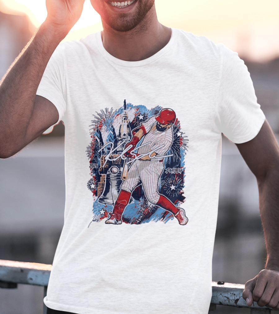 Kyle Schwarber Philly 2026 Swinging Bat Fireworks Liberty Bell T-Shirt