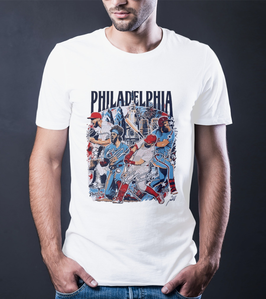 Philadelphia Phillies Stars Skyline 2026 Philly Batter Montage T-Shirt