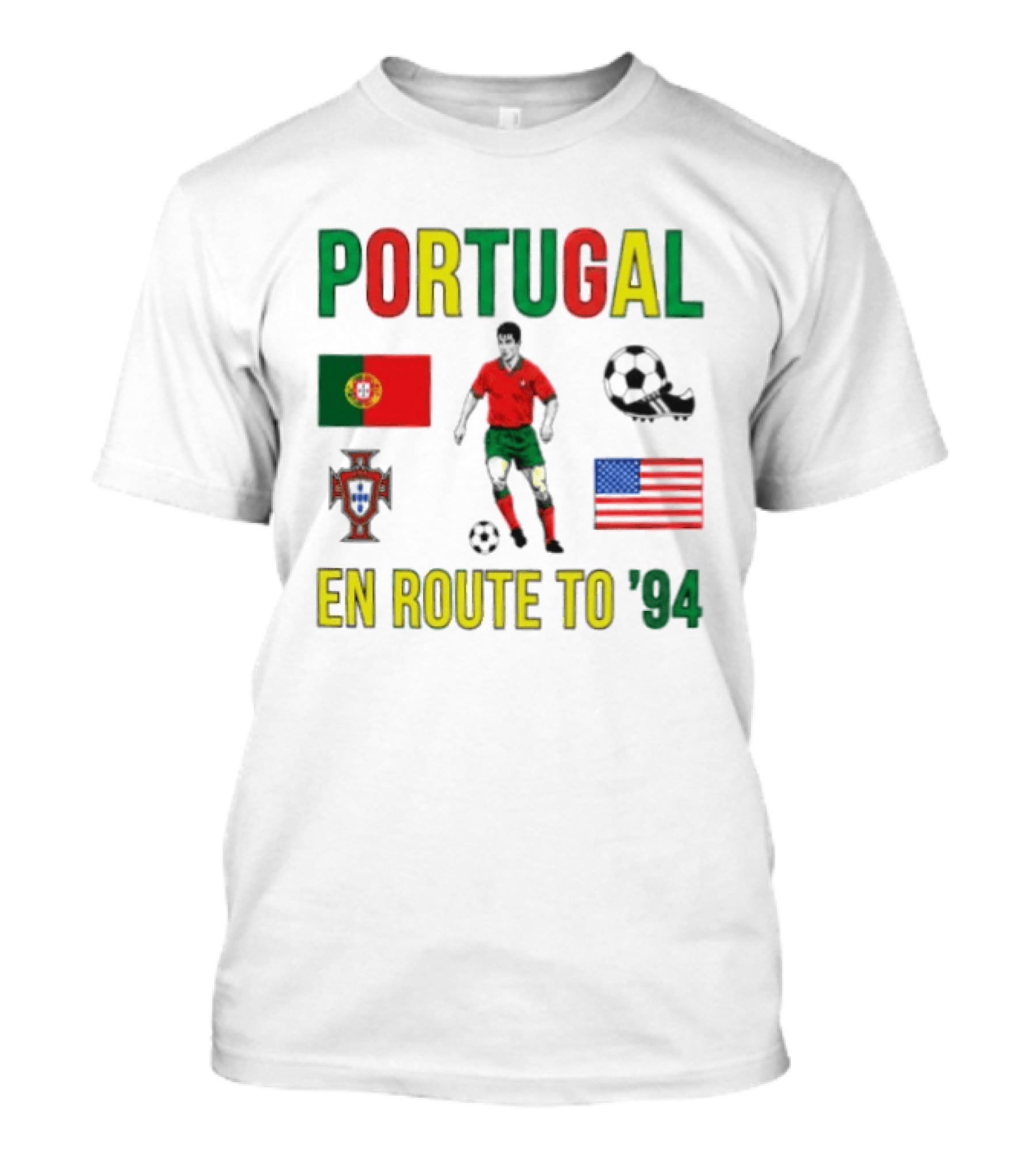 Portugal En Route To '94 World Cup Journey Footballer And Flags T-Shirt