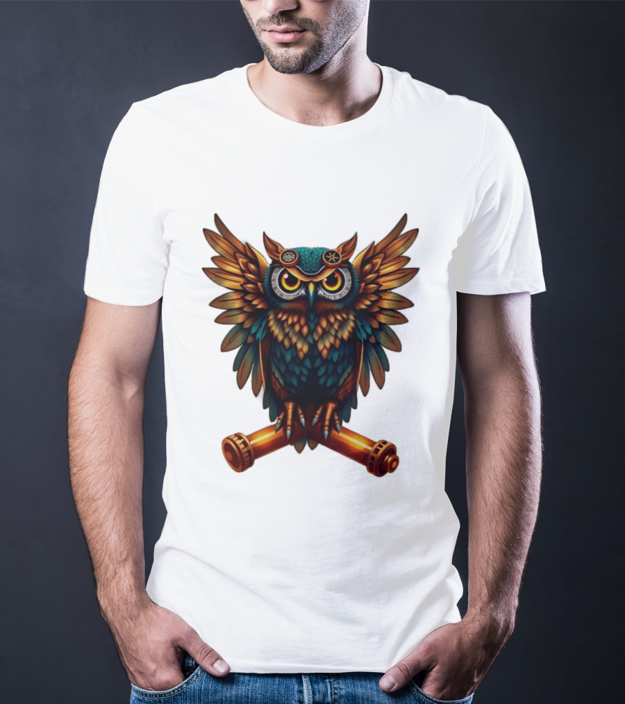 Steampunk Owl With Gears And Pistons Mechanic Aesthetic T-Shirt