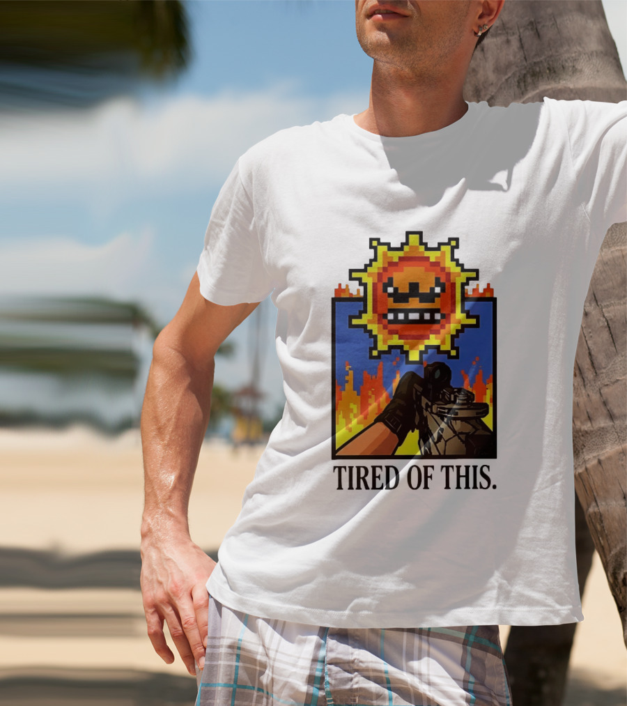 Tired Of This Pixel Sun Fire Gaming Weapon Retro Aesthetic T-Shirt
