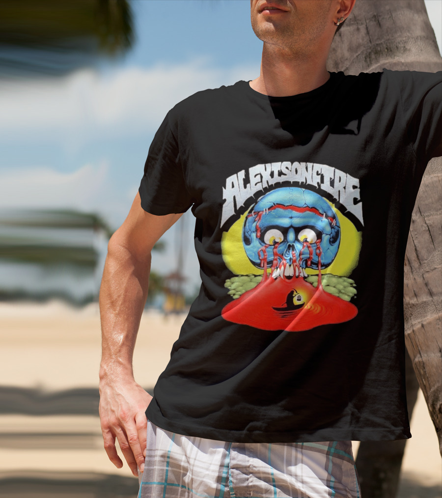 Alexisonfire Skull Island Creepy Blue Skull With Red Eyes And Boat T-Shirt