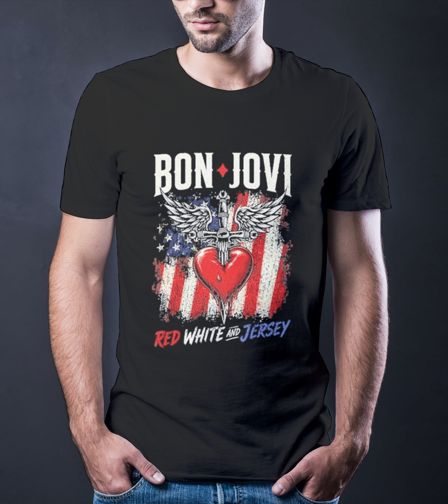 Bon Jovi Red White Jersey Heart And Dagger American Flag T-Shirt