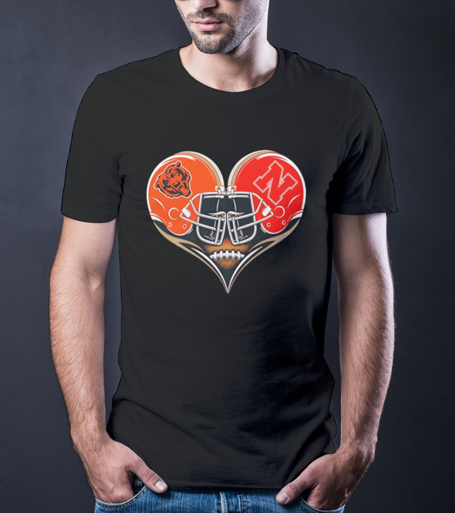 Chicago Bears Nebraska Cornhuskers Heart Shaped Helmets Football Fan Gear T-Shirt