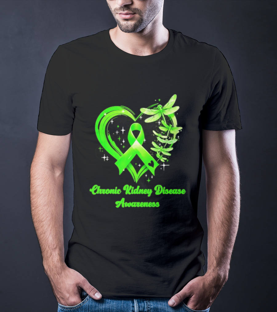 Chronic Kidney Disease Awareness Green Ribbon Heart And Dragonfly T-Shirt